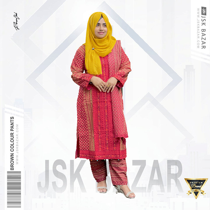 সুতির হাতে কাজ করা আরং কটনের লাল থ্রি পিস